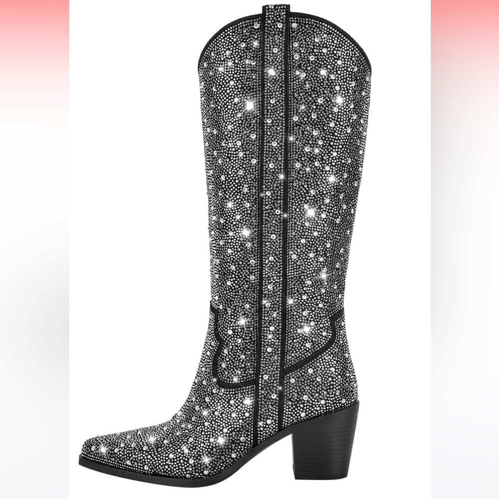 Black Rhinestone Western Cowboy Chunky Heel Boots